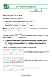 Cours Formules et calculs (Excel) - Niveau 1 - Cours : 11ème Harmos - Cycle 4 - PDF à imprimer