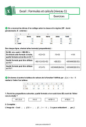Formules et calculs (Excel) - Niveau 1 - Exercices : 11ème Harmos - Cycle 4 - PDF à imprimer