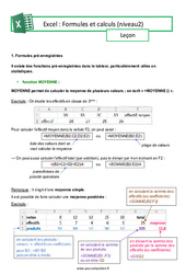 Formules et calculs (Excel) - Niveau 2 - Séquence complète : 11ème Harmos - Cycle 4 - PDF à imprimer