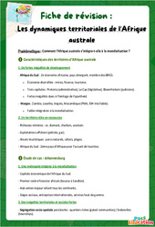 Exercice Les dynamiques territoriales de l'Afrique australe - Fiches de révision : 10ème Harmos - Cycle 4 - PDF à imprimer