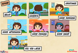 Greetings - Cours, Leçon/Flashcard - Apprends l'anglais avec Kelly and James : 2ème Harmos, 3eme, 4ème, 5ème, 6ème, 7ème Harmos - PDF à imprimer