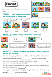 Greetings - Vocabulaire - Exercices - Apprends l'anglais avec Kelly and James : 2ème Harmos, 3eme, 4ème, 5ème, 6ème, 7ème Harmos - Cycle 1 - PDF à imprimer
