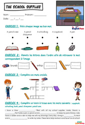 School supplies - Vocabulaire - Exercices - Apprends l'anglais avec Kelly and James : 2ème Harmos, 3eme, 4ème, 5ème, 6ème, 7ème Harmos - Cycle 1 - PDF à imprimer
