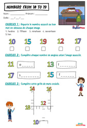 Numbers (from 10 to 19) - Vocabulaire - Exercices - Apprends l'anglais avec Kelly and James : 2ème Harmos, 3eme, 4ème, 5ème, 6ème, 7ème Harmos - Cycle 1 - PDF à imprimer