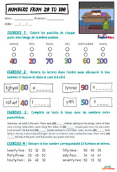 Numbers (from 20 to 100) - Vocabulaire - Exercices - Apprends l'anglais avec Kelly and James : 2ème Harmos, 3eme, 4ème, 5ème, 6ème, 7ème Harmos - Cycle 1 - PDF à imprimer