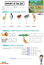 Exercice Animals at the Zoo - Vocabulaire - Exercices - Apprends l'anglais avec Kelly and James : 2ème Harmos, 3eme, 4ème, 5ème, 6ème, 7ème Harmos - Cycle 1 - PDF à imprimer
