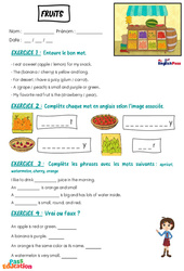 Exercice Fruits - Vocabulaire - Exercices - Apprends l'anglais avec Kelly and James : 2ème Harmos, 3eme, 4ème, 5ème, 6ème, 7ème Harmos - Cycle 1 - PDF à imprimer