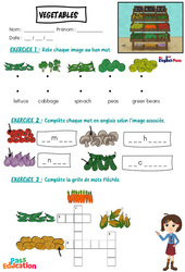 Exercice Vegetables - Vocabulaire - Exercices - Apprends l'anglais avec Kelly and James : 2ème Harmos, 3eme, 4ème, 5ème, 6ème, 7ème Harmos - Cycle 1 - PDF à imprimer