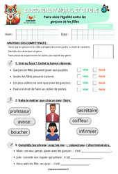 Evaluation Faire vivre l’égalité entre les garçons et les filles - Examen Evaluation - EMC : 3eme Harmos - Cycle 2 - PDF à imprimer