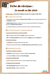 Le monde au XVIème siècle - Fiche de révision / QCM : 9eme Harmos - PDF à imprimer