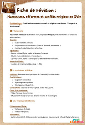 Humanisme, réformes et conflits religieux - Fiche de révision / QCM : 9eme Harmos - PDF à imprimer