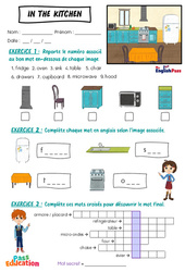 Exercice In the kitchen - Vocabulaire - Exercices - Apprends l’anglais avec Kelly and James : 2ème Harmos, 3eme, 4ème, 5ème, 6ème, 7ème Harmos - Cycle 1 - PDF à imprimer