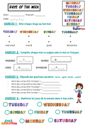 Exercice Days of the week - Vocabulaire - Exercices - Apprends l’anglais avec Kelly and James : 2ème Harmos, 3eme, 4ème, 5ème, 6ème, 7ème Harmos - Cycle 1 - PDF à imprimer