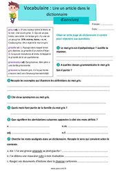 Exercice Lire un article dictionnaire - Exercices avec les corrections : 7ème Harmos - Cycle 3 - PDF à imprimer