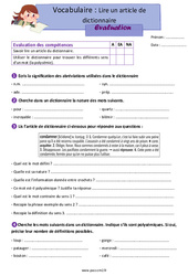 Evaluation Lire un article dictionnaire - Examen Evaluation avec les corrigés : 7ème Harmos - Cycle 3 - PDF à imprimer