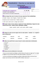 Evaluation Chercher un mot dans le dictionnaire - Examen Evaluation avec les corrections : 7ème Harmos - Cycle 3 - PDF à imprimer