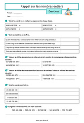Rappel sur les nombres entiers - Exercices de  : 8ème Harmos - Cycle 3 - PDF à imprimer
