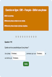 Leçon, exercice et évaluation :<br/> Définir une phrase - Fiches  - Exercice en ligne : 6ème Harmos