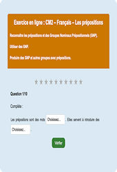 Leçon, exercice et évaluation :<br/> Les prépositions - Fiches  - Exercice en ligne : 7ème Harmos