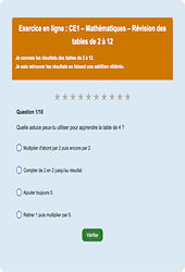 Leçon, exercice et évaluation :<br/> Révision des tables de 2 à 12 - Tables de multiplication - Fiches  - Exercice en ligne : 4ème Harmos