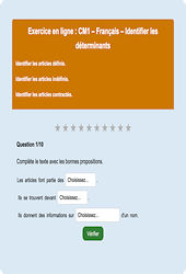 Leçon, exercice et évaluation :<br/> Les déterminants - Fiches  - Exercice en ligne : 6ème Harmos