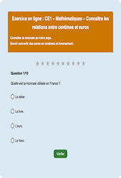 Monnaie et prix euros - Fiches Exercice en ligne  - Fiches Mathématiques - Grandeurs et Mesures : 4ème Harmos