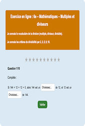 Cours et exercice : Multiples et diviseurs - Fiches  - Exercice en ligne : 8ème Harmos