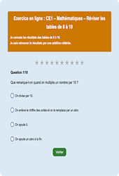 Leçon, exercice et évaluation :<br/> Tables de 6 à 10 - Tables de multiplication - Fiches  - Exercice en ligne : 4ème Harmos