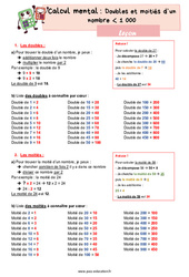 Doubles et moitiés d'un nombre inférieur à 1000 - Cours, Leçon : 6ème Harmos - PDF à imprimer