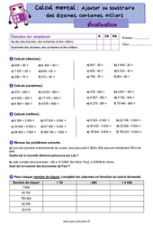 Ajouter ou soustraire des dizaines, centaines, milliers - Examen Evaluation : 6ème Harmos - PDF à imprimer