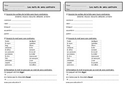 Reconnaître les mots contraires ou antonymes - Exercices  : 4ème Harmos - PDF à imprimer