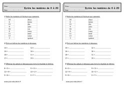 Écrire les nombres de 0 à 20 - Exercices  : 4ème Harmos - PDF à imprimer