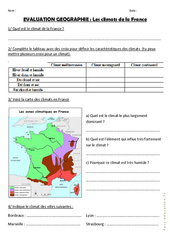 Climats en France - Examen Evaluation : 5ème, 6ème Harmos - PDF à imprimer