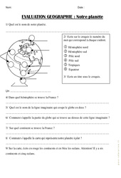 Notre planète - Examen Evaluation - Continents et océans : 5ème Harmos - PDF à imprimer