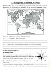 Le planisphère - Continents et Océans - Documents, questions : 5ème Harmos - PDF à imprimer