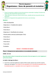 Organismes - Liens de parenté et évolution - Séquence - Fiche de préparation : 6ème, 7ème Harmos - PDF à imprimer