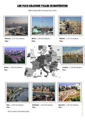 Les plus grandes villes européennes - Exercices géographie - Europe  : 6ème, 7ème Harmos - PDF à imprimer