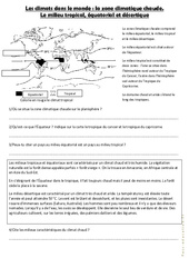 La zone climatique chaude - Le milieu tropical, équatorial et désertique -  Exercices : 6ème, 7ème Harmos - PDF à imprimer