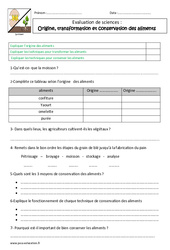 Origine, transformation et conservation des aliments - Examen Evaluation : 6ème, 7ème Harmos - PDF à imprimer