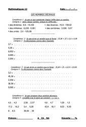 Nombres décimaux - Examen Evaluation- Fiches lire, écrire et comparer : 6ème, 7ème Harmos - PDF à imprimer