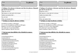 Phrase - Exercices avec correction : 5ème Harmos - PDF à imprimer