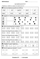 Nombres de 0 à 9 - Examen Evaluation : 3eme Harmos - PDF à imprimer