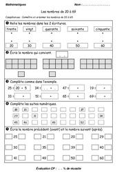 Nombres de 20 à 69 - Examen Evaluation : 3eme Harmos - PDF à imprimer