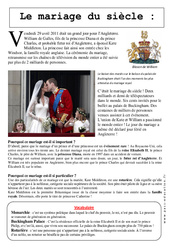 Le mariage du siècle - Kate et William - Documentaire - Lecture : 5ème Harmos - PDF à imprimer