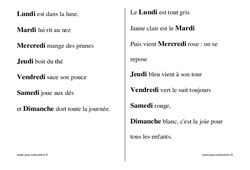 Jours de la semaine - Chants - Comptines - Fiches  : 1ère, 2ème Harmos - PDF à imprimer