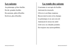 Saisons - Chants - Comptines - Fiches  : 1ère, 2ème Harmos - PDF à imprimer