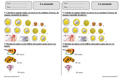 Euro - Exercices corrigés sur la monnaie : 5ème Harmos - PDF à imprimer