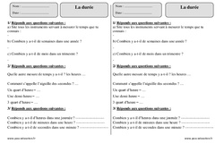 Durée - Mesures - Exercices corrigés sur les secondes, minutes, heures, jours, semaines, mois, années : 5ème Harmos - PDF à imprimer