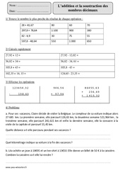 Addition et Soustraction des nombres décimaux - Exercices corrigés - Calcul - Mathématiques : 7ème Harmos - PDF à imprimer