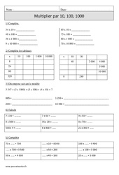 Multiplication par 10, 100, 1000 - Exercices corrigés - Calcul - Mathématiques : 6ème Harmos - PDF à imprimer